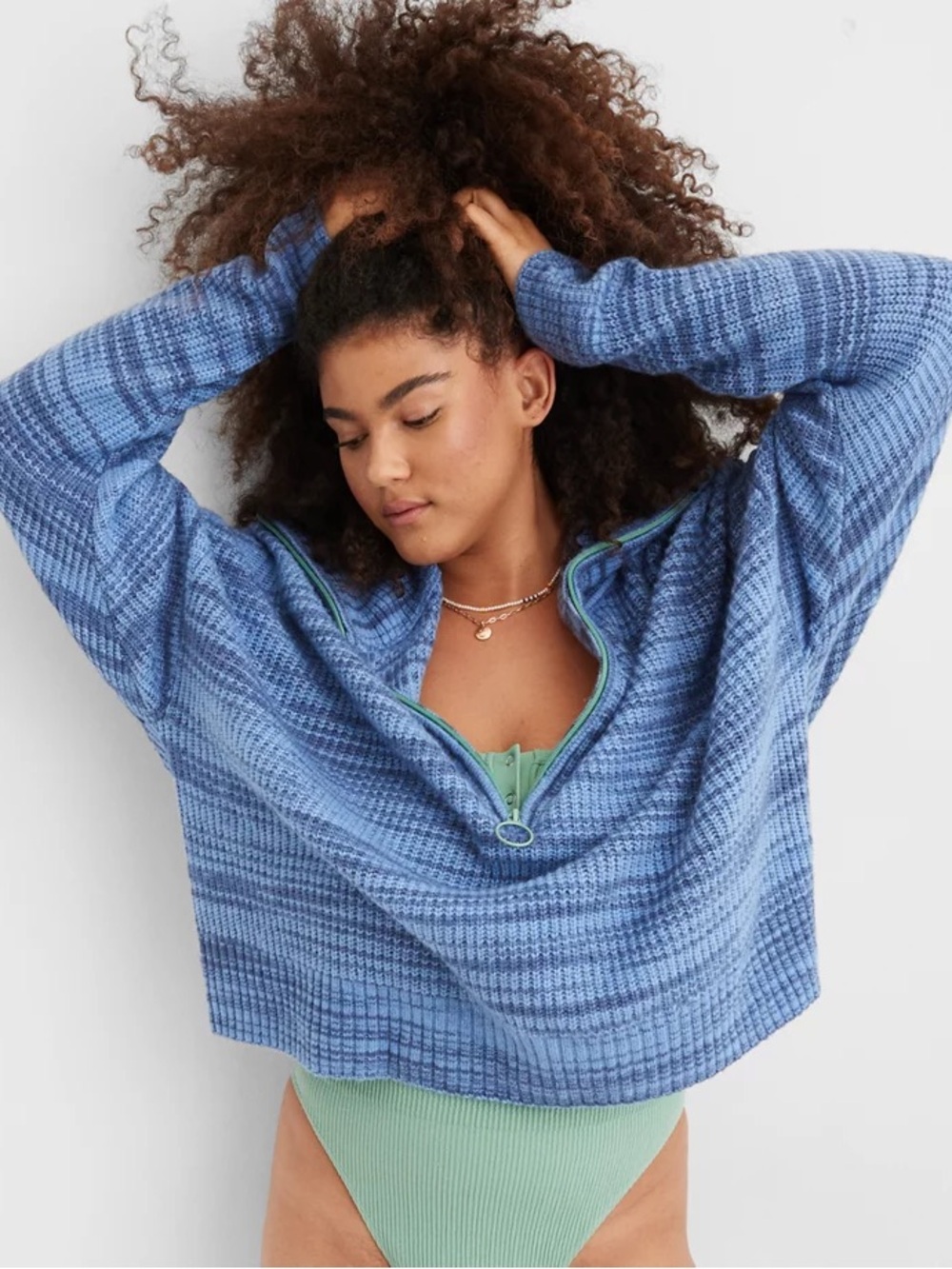 Aerie marbled blue stripe oversized pullover quarter zip cozy knit sweater S